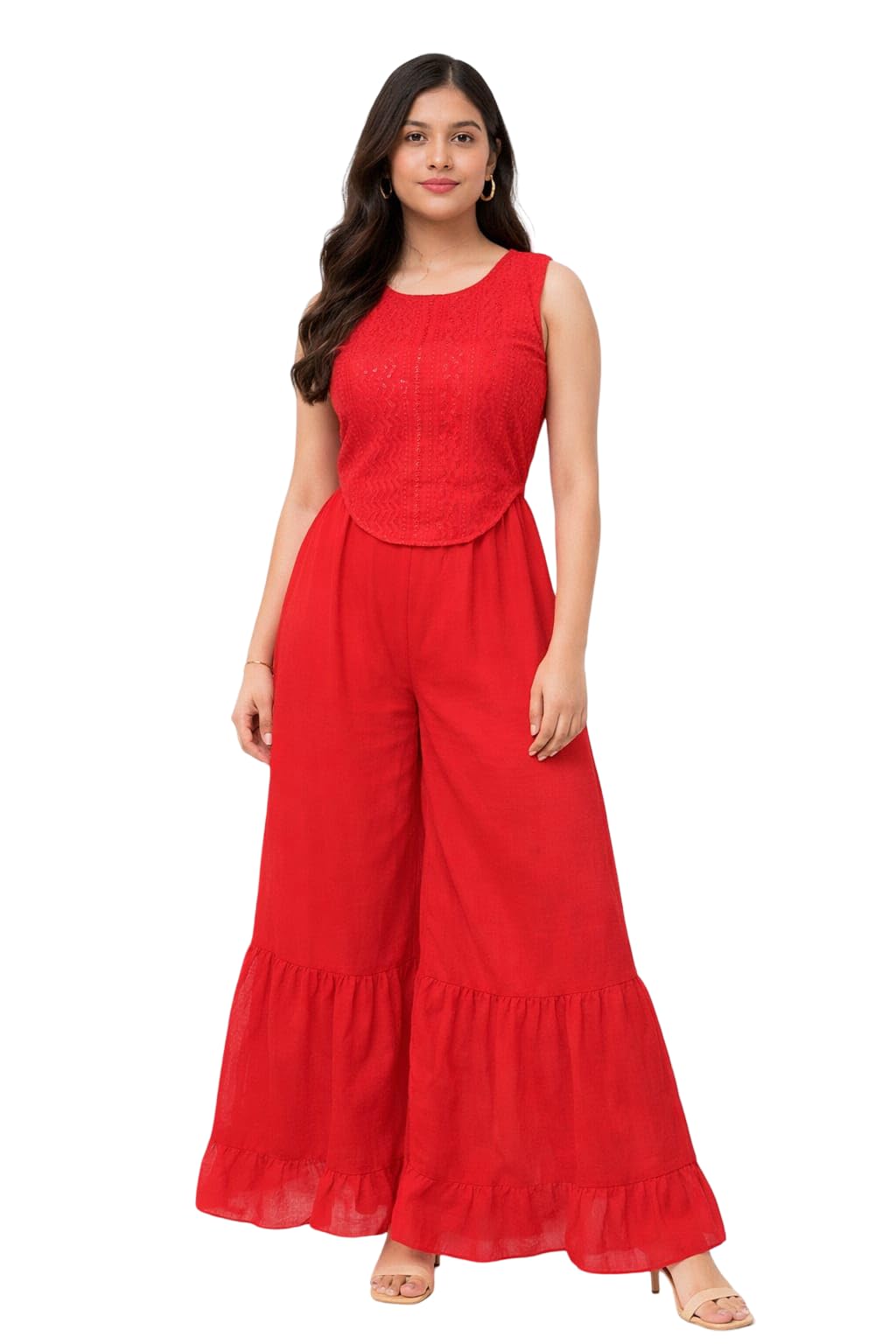 flize Women’s Georgette Co-Ord Set | Sleeveless Round Neck Top with Lace-Up Back | High Waist Wide Leg Ruffle Pants | Stylish 2 Piece Outfit for Casual, Party, Vacation Wear (Red) (Red, XS)-picture-10