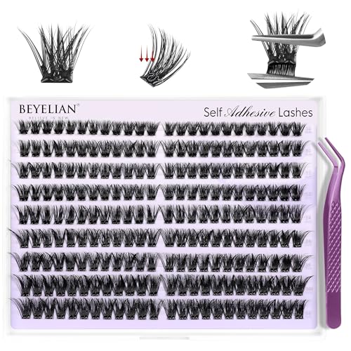 BEYELIAN Self Adhesive Lashes Clusters 200Pcs Pre Glued Eyelashes D Curl 10-16mm Press On Volume Lashes with Tweezer No Glue Needed DIY Lash Cluster Kits M02