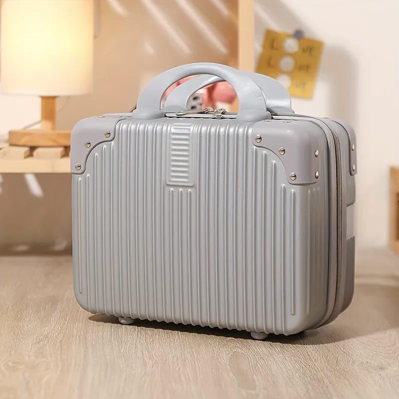 Image of Portable Hard Shell Cosmetic Bag Travel Case, Small Travel Hand Luggage with Elastic Band, Mini Abs Carrying Makeup Case Suitcase (B-Silver)