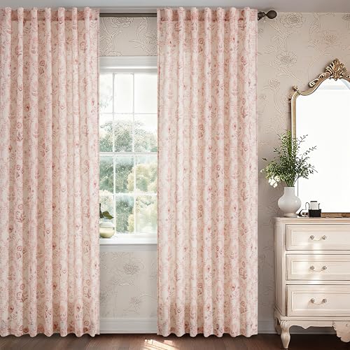 Image of Pink Linen Floral Pattern 96 Inch Curtains 2 Panel Set for Living Room | Semi Sheer, Light Filtering, Window Curtains, Blush Flower, Plant Leaf Print, Vintage, Boho, Drapes for Bedroom , Nursery