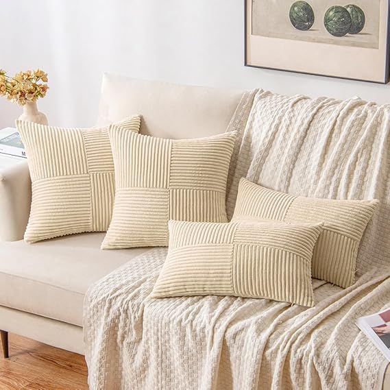 Image of Guffaw Corduroy Pillow Covers Boho Decorative Spliced Throw Pillow Covers Soft Solid Couch Pillowcases Cross Patchwork Cushion Covers for Living Room Bed Sofa 16x16 inch (1, Cream)
