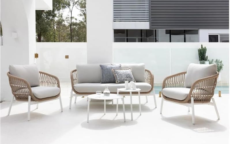 DEVOKO Outdoor 4 Seater Rope Sofa Conversation Set with Comfortab...