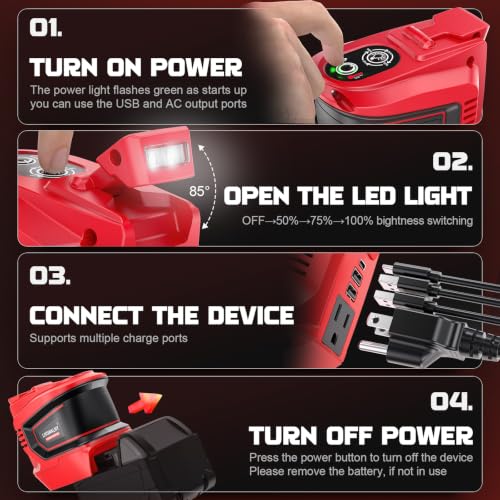 Image of LIVOWALNY 220-250W Power Inverter Compatible with Milwaukee 18V Battery - DC 18V to AC 110-120V Power Station with 1 AC Outlet - 2 USB 1 Type-C & LED Light for Camping Power Outage - Tool Only(2 Pack)