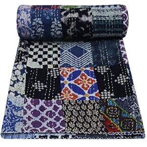 Majisacraft Indiase handgemaakte Twin Size 100% katoenen sprei Kantha Quilt Multi patchwork dekbedovertrek beddengoed…