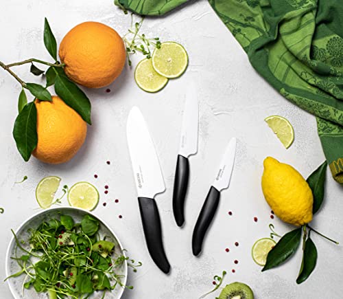 Kyocera Advanced Ceramics – Revolution Series 3-Piece Ceramic Knife Set: Includes 6-inch Chef's Knife; 5-inch Micro Serrated Knife; and 3-inch Paring Knife; Black Handles with White Blades by KYOCERA - Image 3