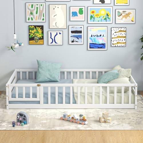 Giantex Twin Floor Bed for Kids, Wood Montessori Bed with Safety Guardrails, Floor Bed Frame for Kids, Boys, Girls, No Box Spring Needed, White