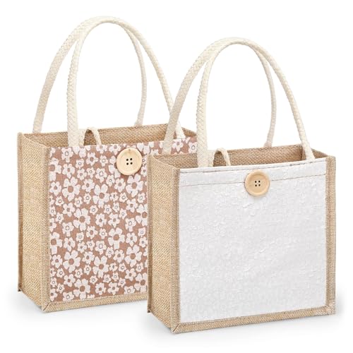 EKKONG Jute Tragetasche 2 Stück Jutebeutel für Damen Einkaufstasche Tasche Tote Shopper Bag Handtasche Geschenktaschen Korbtasche für Picknick Reisen Einkaufen Strand Alltag Frau Geschenk (A)