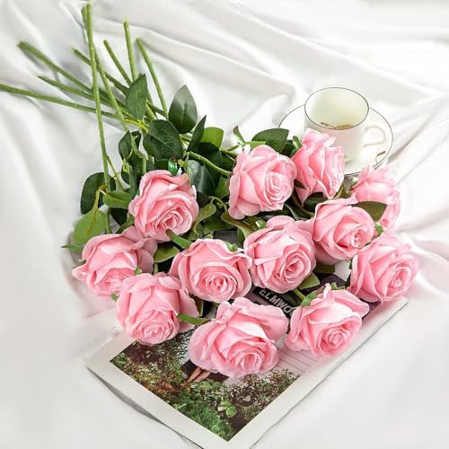 Image of Dekorly Artificial Fake Roses Flowers - 10 Pcs Fake Artificial Roses Silk Flowers with Stems for Home Room Tabletop Wedding Hotel Office Centerpiece Decor | Height 18 Inch (Pink)