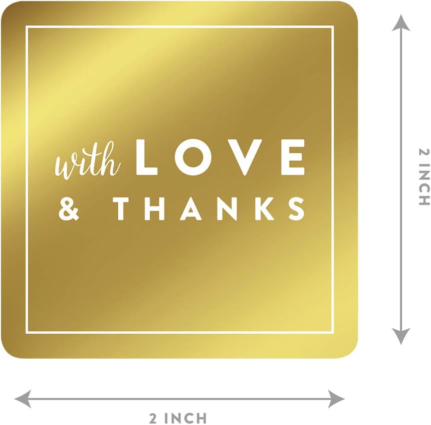 Andaz Press Square Favor Gift Labels Stickers, Metallic Gold Ink, with Love and Thanks, 40-Pack