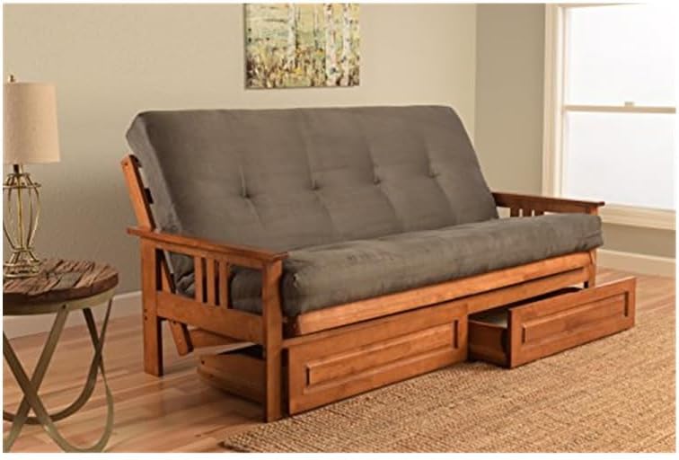 French Country Full Futon Frame Set with Mattress and Storage Drawers, Classic Foldable Hardwood Frame, Easily Converts to Bed Linen Aqua Mattress/Barbados
