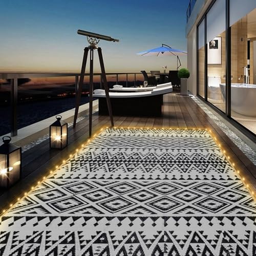 8x10ft Waterproof Outdoor Rug with LED Lights, Bohemia Reversible Plastic Straw Mat for Patio RV Camping Picnic Balcony Beach Deck Indoor Outdoor Carpet, Black&White Bohemia Led (Black&white