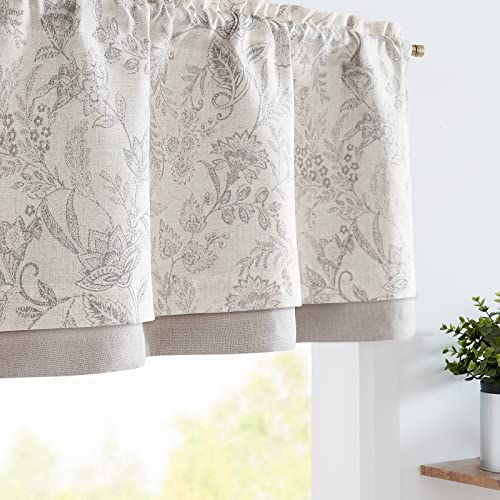 JINCHAN Linen Valance Curtain Farmhouse Grey Floral Printed Small Window Curtain for Kitchen Rustic Country Light Filtering Valance for Living Room Be