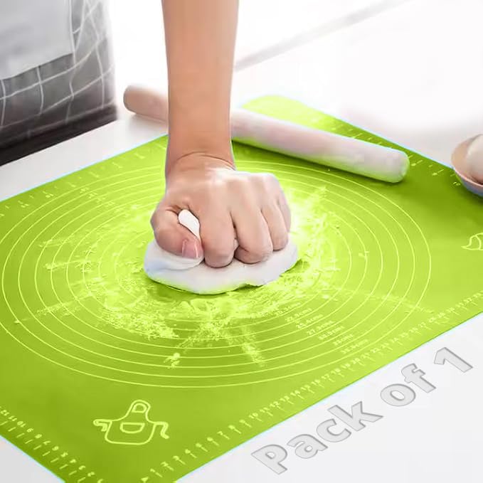 Image of LivingBasics 50x40 cm Silicone Roti Rolling Mat for Kitchen Non-Stick Chapati Dough Aata Kneading Mat with Measurement Guides /Food Grade Pad for Roti, Pizza, Paratha & Pastry (Green, Pack of 1)