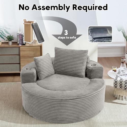 Image of Oversized Round Chair Lounge Chaise Indoor, 55.5 inch Upholstered Corduroy Deep Seat Single Cloud Sofa Chair with Cup Holder, Modern Large Circle Boneless Sleeper Sofa for Living Room, Light Grey