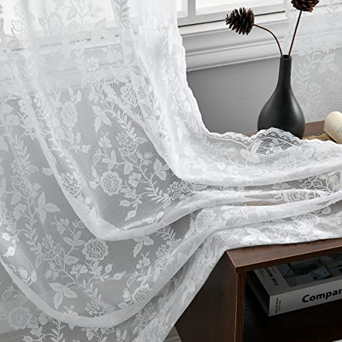 Image of FINECTIY White Lace Curtains for Living Room, Shabby Chic Branch Leaf Floral Lace Window Panels 84 Inch Length, Privacy Scalloped Trim Vintage Lace Sheer Curtains, 52 x 84 Inch, 2 Panels, White