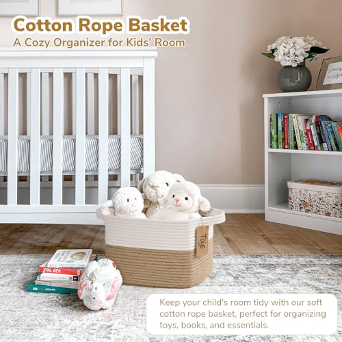 Image of Goodpick Woven Rope Storage Basket for Shelves, Rectangle, Jute | 13 inch x 10 inch x 9 inch Stylish Gift Basket for Bedroom & Living Room Organization, Fits Toys & Pet Supplies Storage, Writable Label