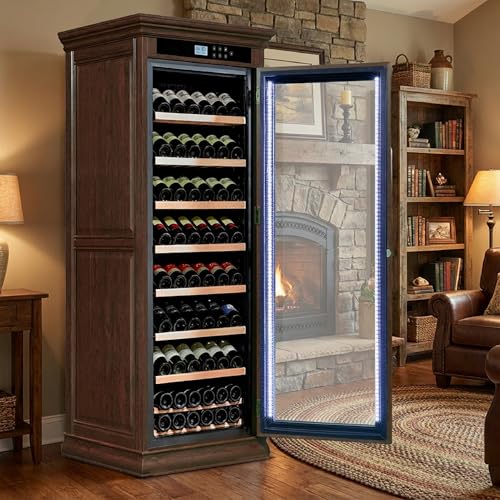 Relaxcabine 102 Bottles Wine Cooler Multi-Tiered, Intelligent Temperature-Controlled 10.6 ft³ Wine Cabinet, Dual Layer Tempered Glass Door, Walnut Wood Exterior for Home, Kitchen or Bar