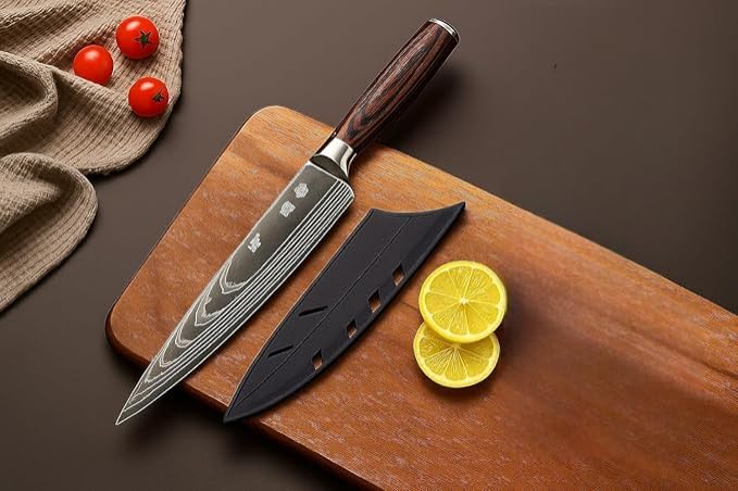 Image of Professional Chef Knife - 8 Inch Japanese Style Kitchen Knife with Hammered Stainless Steel Blade & Wood Handle-Ultra Sharp Multipurpose for Vegetables & More (Cover Knife)