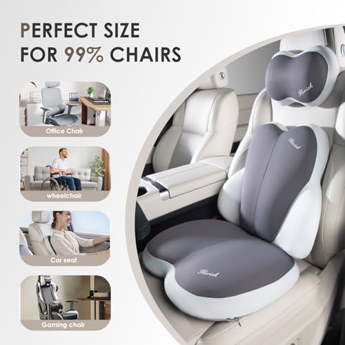 Image of 3 PCS Seat Cushion for Carseat Lumbar Support Pillow Car Neck Headrest Pillows Ultrathick Memory Foam Seat Pads Pressure Relief Back Cushion for Office Chair(Beige Grey)