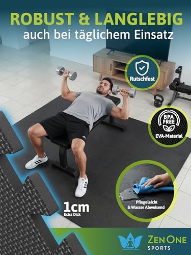 ZenOne Sports® Bodenschutzmatte Fitness I Puzzlematte Boden - 30x30x1cm I Individuell verlegbare Trainingsmatte für dein Home Gym I Robuste Bodenmatte für Sportgeräte, Schaumstoffmatte