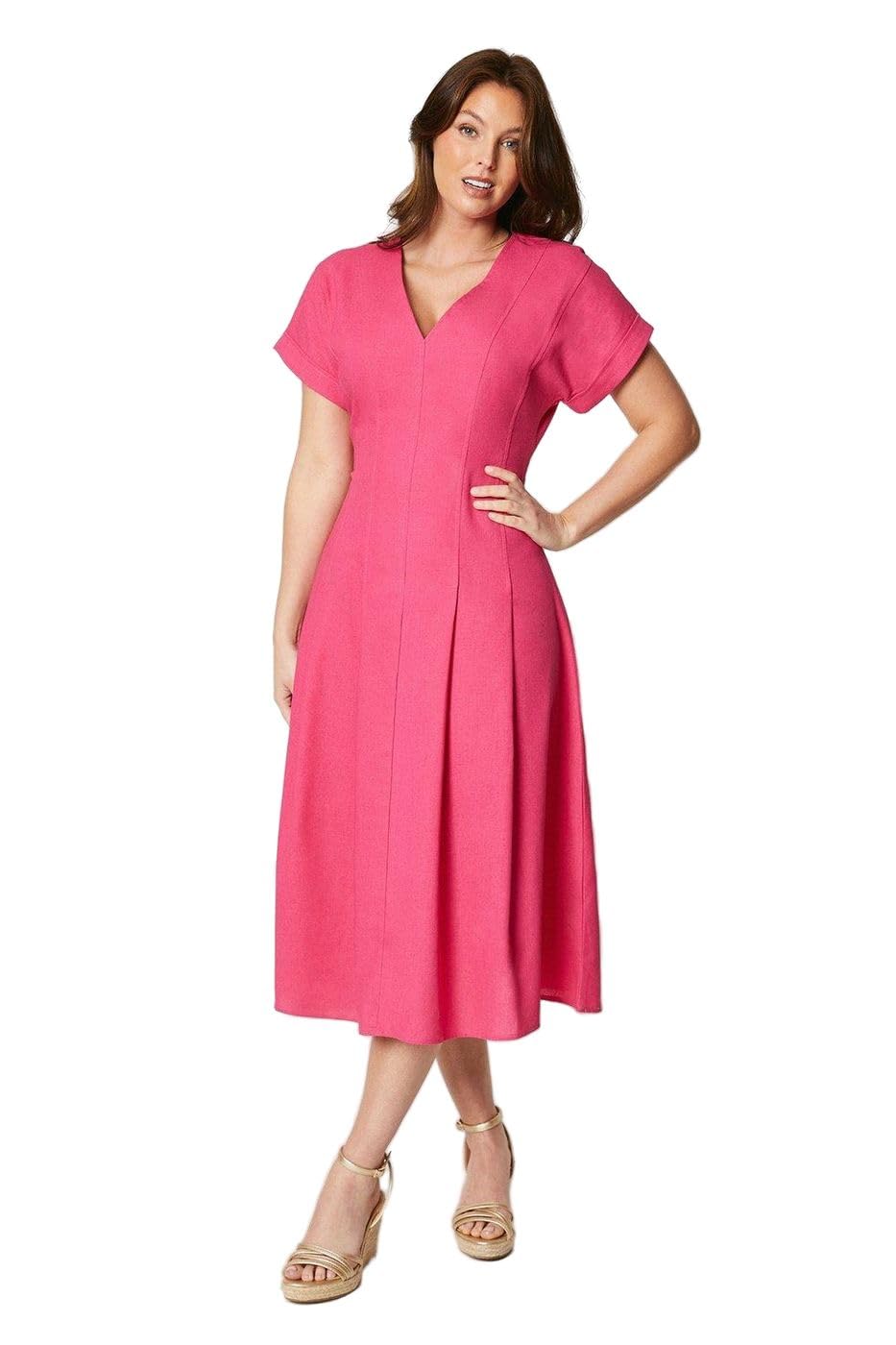 Principles Linen Blend Pleat Detail Midi Dress, 12, Pink