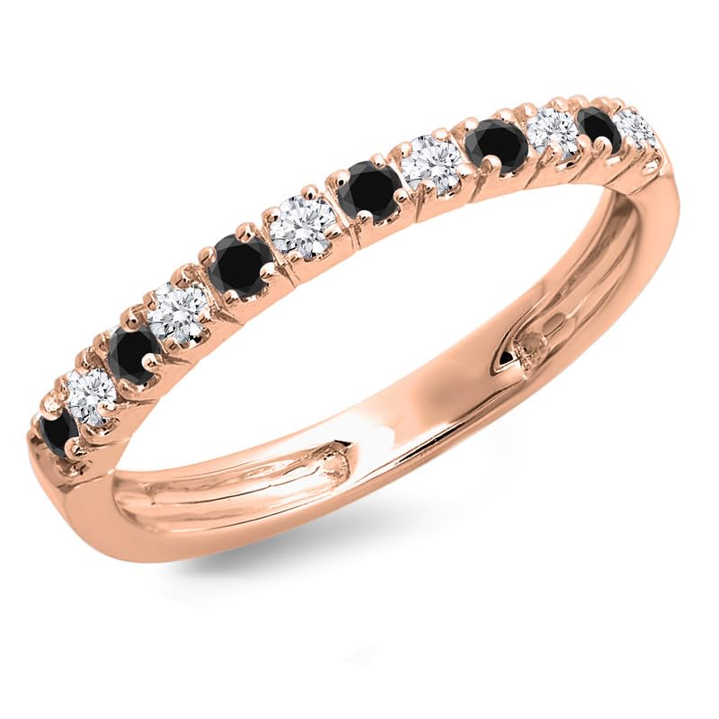 Alternate Black & White Diamond Half Eternity Wedding Band For Women, 14k Rose Gold Finish Black Diamond Wedding Band, Ladies Stackable Diamond Ring