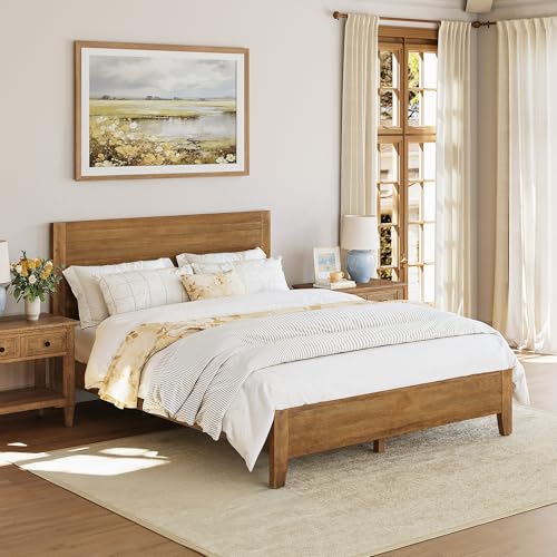 Cozyman Bed Frame Queen Size, Acacia Wood Platform with Headboard, No Box Spring Needed, 800lb Capacity, Non-Slip Without Noise, Easy Assembly, Dark Wood