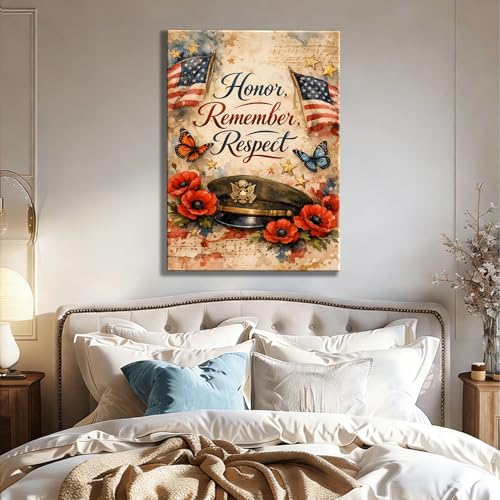 Image of Patriotic Honor Remember Respect Canvas Wall Art, Memorial Day Military Tribute, 4th of July Decor, Framed Prints for Home,Office,Living Room, Made in USA, Ready to Hang