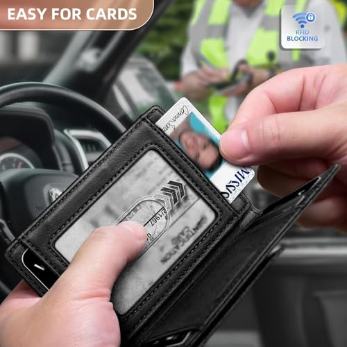 Image of Contacts RFID Blocking Magnetic Closure Slim Genuine Leather Front Pocket Wallet for Men Holds up to 12 Cards Including 1 ID Window Along with Money Clip (Black)