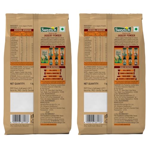 Image of Sweetch Natural Cane Jaggery Powder 1kg Each Pouch Natural Sweetener | Refined Sugar Alternative contain Minerals, No Chemical, Sulphur & Bleach Free | Gur, Gud Powder for Baking & Cooking (Pack of 2)