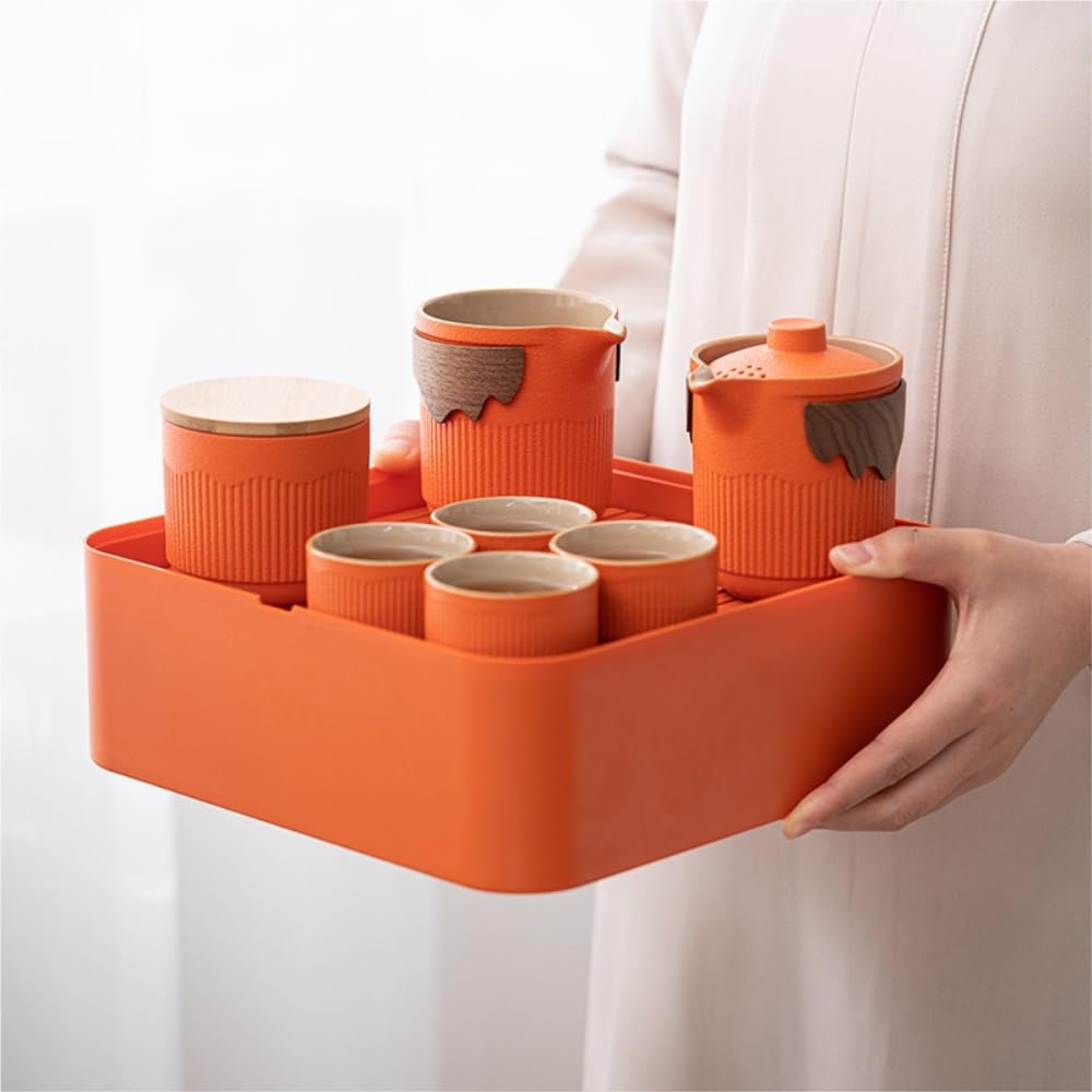 Pojemniki do Przechowywania spiżarni Ceramic Tea Storage Jar Travel Portable Tea Set Outdoor Carry-On Bag Office Tea Cup Tea Cup Camping Travel Set Pojemniki Ceramiczne na Herbatę, Kawę, Mąkę, Cukie(A
