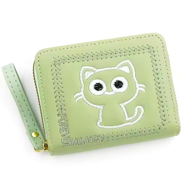 Beautiful Cat Design Zipper Wallets for Women & Girls | Stylish Wallet for Women with Embroidered Cat Design | Wallet for Girls (Green - Zipper)-image-7