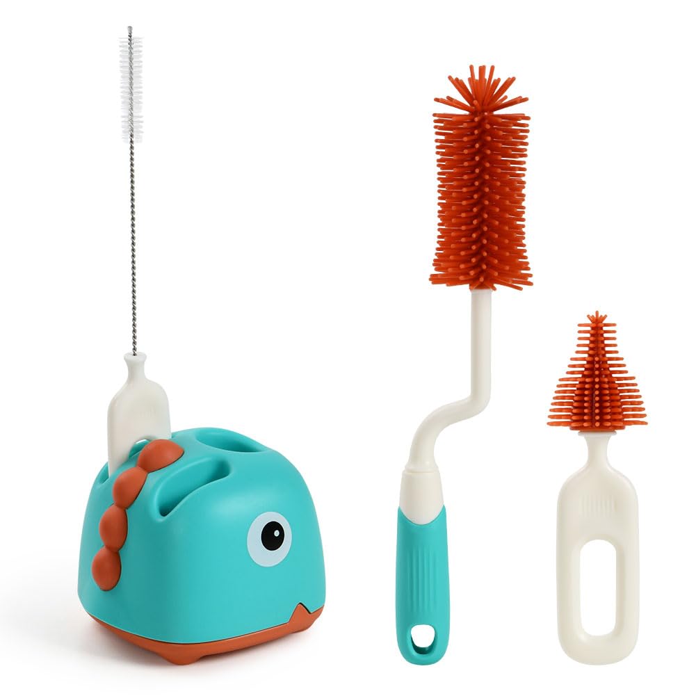 Vicloon Baby Flaschenbürste Set, Flaschenbürste Baby mit Aufbewahrungsständer, Babyflaschenbürste Reiniger, Silikon Babyflaschenbürste für Babyflaschenbürste und Sauger, BPA-frei(See Grün)