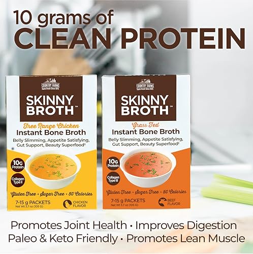 Image of Country Farms Skinny Broth 7-Day Plan, Instant Chicken and Beef Bone Broth, 10G Protein, Collagen Type II, Promotes Better Digestion, Bone Health, 7 Day Plan, 14-15g Packets