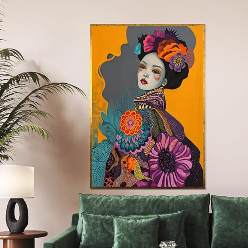 Tableau ethnique floral pour salon moderne cadre portrait femme