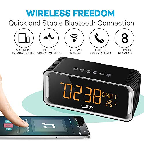 Portable Bluetooth Speaker, Radio Clock, with 2x6W Acoustic Drivers, 7-Inch LED Display, Night Light, Dual Alarm Clock, Slots for Micro SD Card & USB & AUX-in, for Smart Phone Tablet MP3 PC(Upgraded) - Thumbnail 2