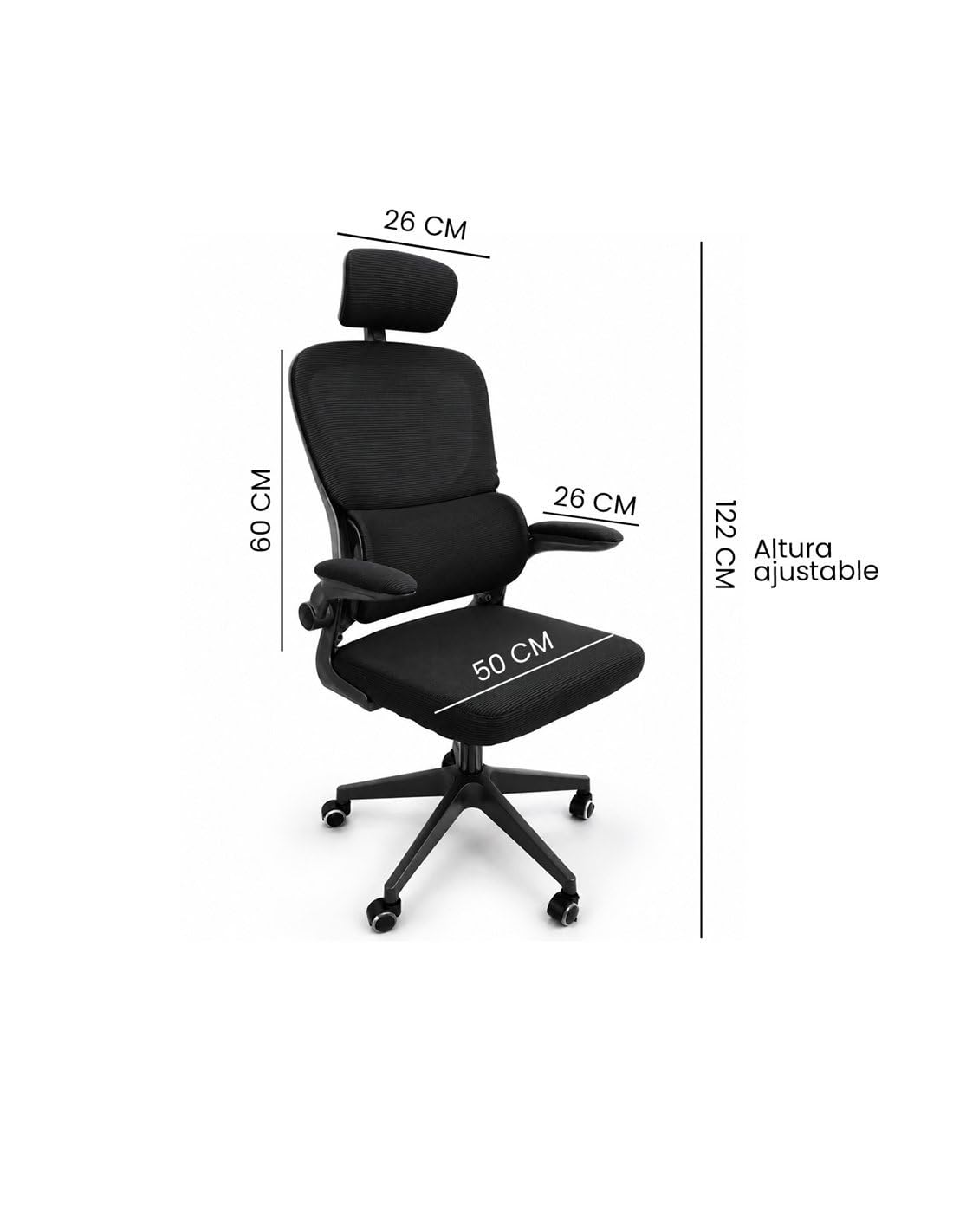 Jardin202 - Silla ErgoPro Oficina, Estudio, Ergonómica con Ruedas, Reclinable, Reposacabezas y Reposabrazos Ajustables, Soporte Lumbar | (Negra)