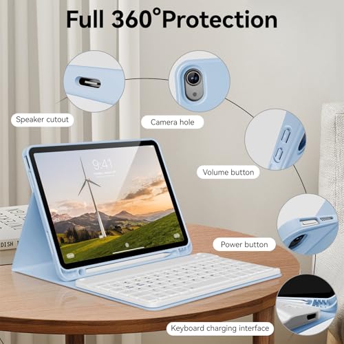 KVTVOU Aesthetic Keyboard Case for iPad (A16) 11th/10th Generation 11/10.9 Inch, Detachable Wireless Bluetooth Fast Pairing Keyboard, Built-in Pencil Holder, Durable Soft TPU Folio Cover, Sky Blue by KVTVOU - Used condition - Image 3