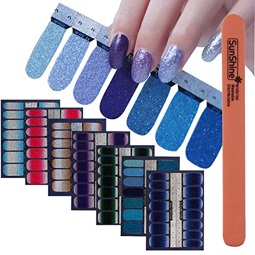 WOKOTO 7Pcs Shinny Nail Polish Strips Stickers Full Nails Self-Adhesive Nail Decals For Women With 1Pc Nail Buffers Files