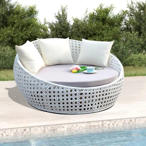 Image of DEVOKO Outdoor Pool Side, Garden, Balcony, Porch, Backyard, Terrace, Patio, Beach Round Sofa Wicker And Rattan Unique Design Daybed Furniture Set (White And Off White), 139 Centimeters, 122 CM, 76 CM