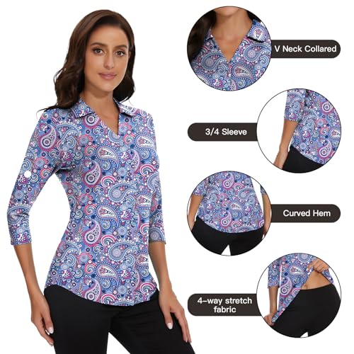Image of Soneven Womens Golf Polo Shirts 3 /4 Long Sleeve V Neck Button Down Shirts Business Causal Work Blouses Tops
