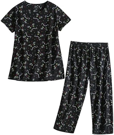 PNAEONG Womens Pajama Set Cotton Short Sleeve Top with Capri Pants Soft Pjs