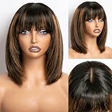 Starmo Human Hair Wigs with Bangs Glueless Dark Brown Highlights Mix Black Straight Layered 4x2 Transparent Lace Bob for Women 12 Inch