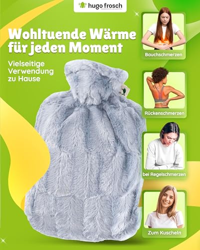 Hugo Frosch Wärmflasche Klassik 1,8l – Made in Germany – mit kuscheligem Flauschbezug in Felloptik Grau – große, auslaufsichere Bettflasche – mit waschbarem Bezug