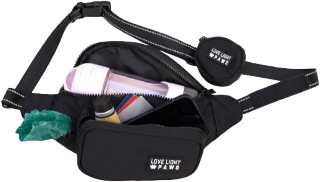 Waterproof Dog Walking Bag with Treat Pouch, Hands Free Leash, Poop Bag Dispenser, Waist Pack (Black)