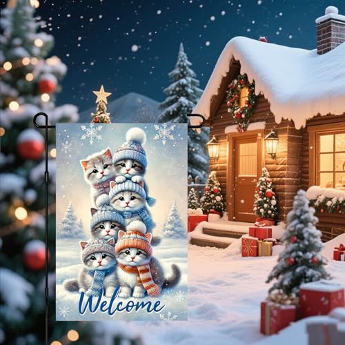 Image of BlissYard Garden Flag Kitten Snowy Landscape Winter 12x18 Inch Polyester