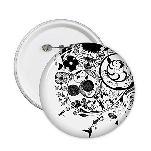Badge bouton rond silhouette fleur noir et blanc DIYthinker lot de 5 L pour customiser