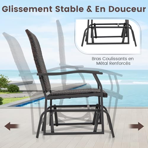 GYMAX Salon de Jardin Extérieur 2 Personnes en Rotin, 2 Chaise de Relaxation à Bascule, Table Basse en Verre Trempé, Cadre Robuste en Métal, Mobilier de Jardin pour Porche, Patio, Terrasse, Balcon – Image 4