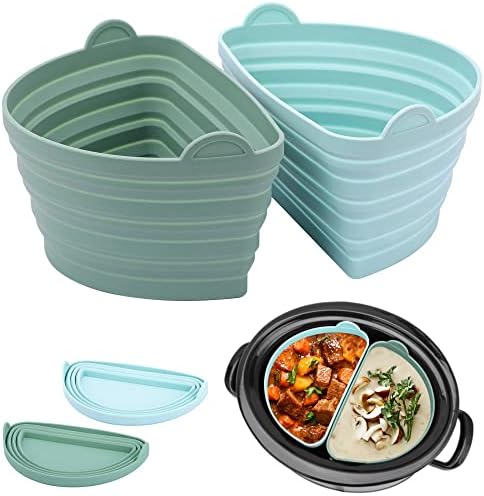 YiMmn.WS Slow Cooker Divider Liner fit 6-7 QT Crockpots & Hamilton, Reusable Silicone Crockpot Divider Insert, Leakproof Crock Pot Dividers inserts liners, Dishwasher Safe (Light Green + Dark Green)