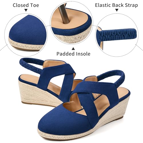 Image of HARENCE Espadrilles Wedge Sandals for Women: Comfortable Closed Toe Ankle Strap Elastic Shoes Summer Dressy Platform Heels